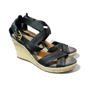 Sperry Top Sider Black Espadrille Wedge Sandals Women's Size 9M Ankle Strap